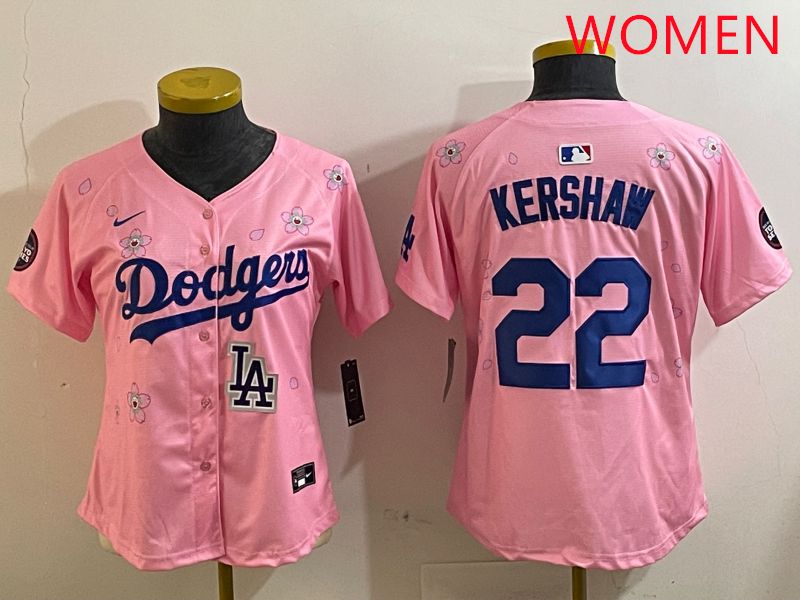 Women Los Angeles Dodgers #22 Kershaw Pink White Blue Sakura Edition 2025 Nike MLB Jersey style 10->women mlb jersey->Women Jersey